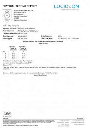 Результаты тестов по DIN 51130 на антискользящие свойства поверхности фанеры Hexa 120/220 гр – класс R12 требованиям ТУ и ГОСТ
